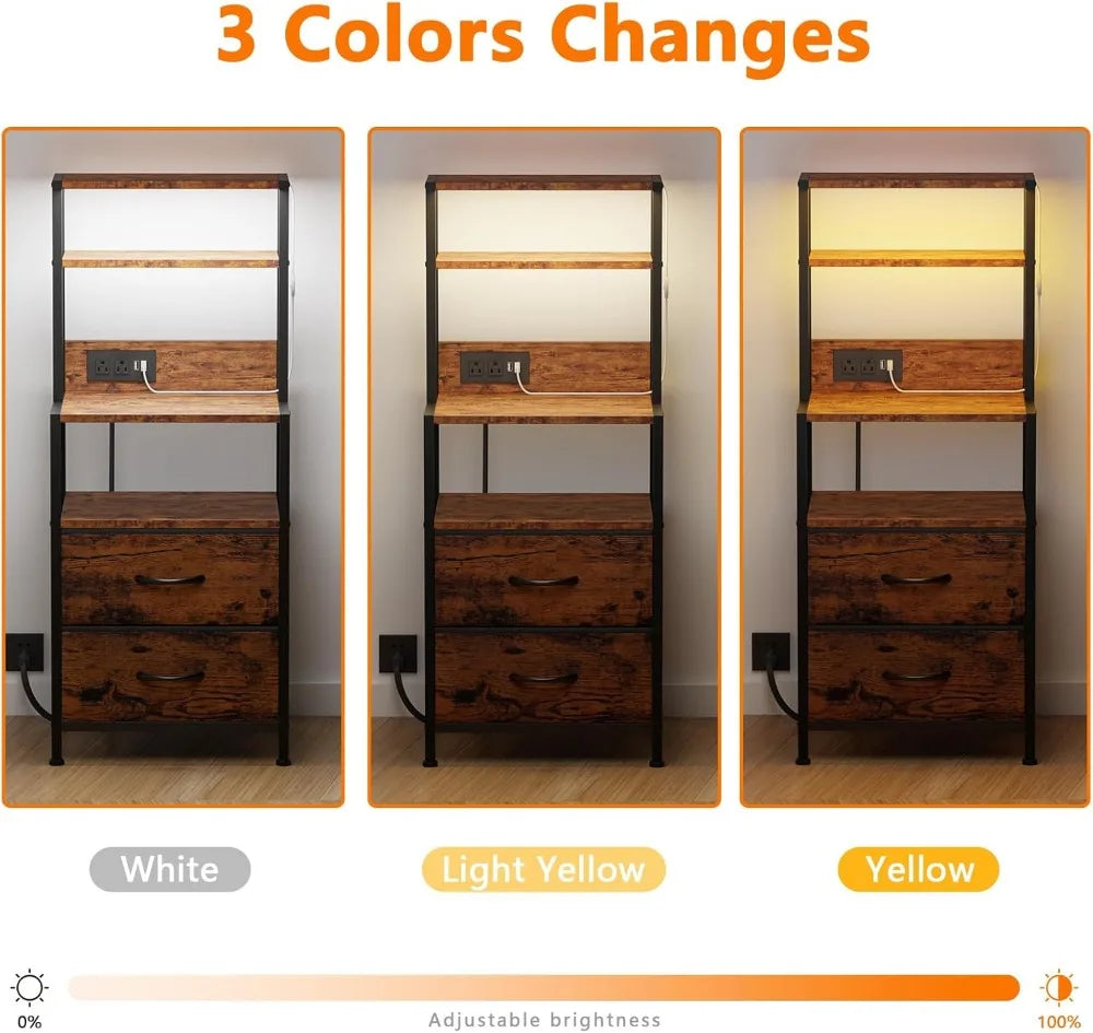 Tall Nightstand with 4 Shelves, 2 Fabric Drawers, LED Light & Charging Station for Bedroom or Office in Rustic Brown