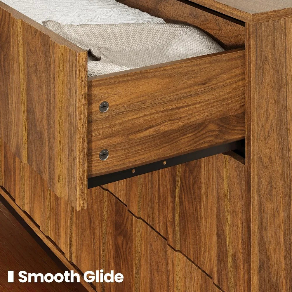 Mid-Century Modern 6 Drawer Dresser, 54” Walnut Finish Wave Front Dresser with Push-to-Open Drawers, Handle-Free Bedroom