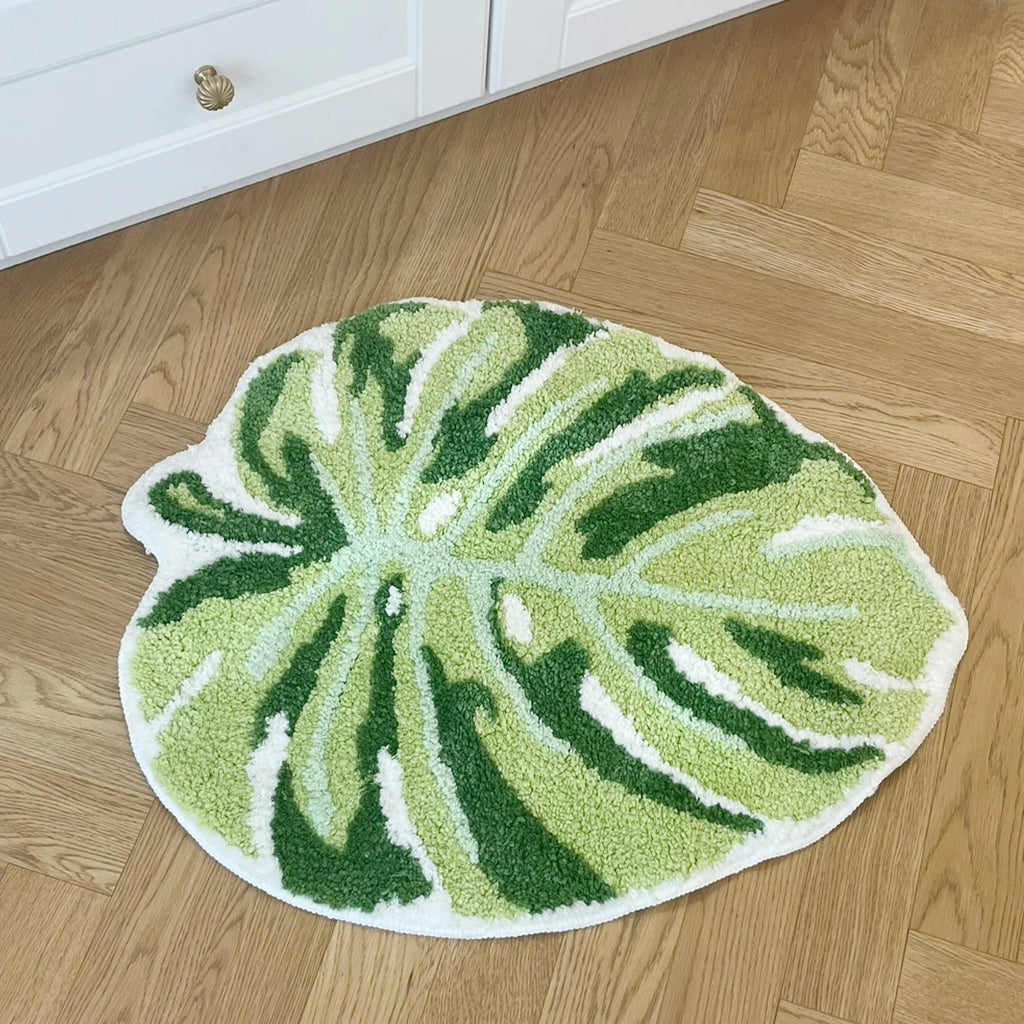 Green Leaf Monstera Tufted Rug – Palm Shaped Anti Slip Bathroom and Entryway Floor Mat