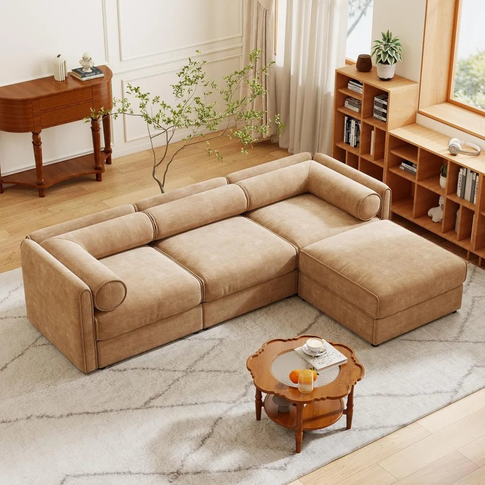 Camel L-Shaped Sectional Sofa – 109″ Modular 3-Seat with Storage