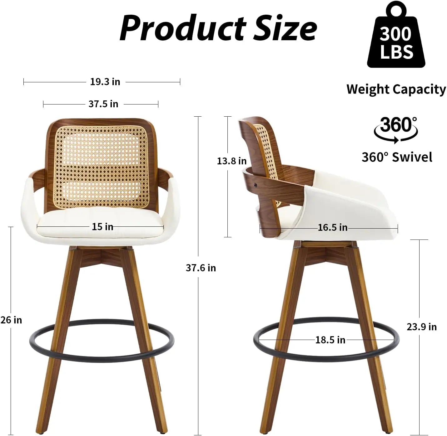 Swivel Counter-Height Bar Stools with Arms – Faux Leather & Rattan Back (Beige)