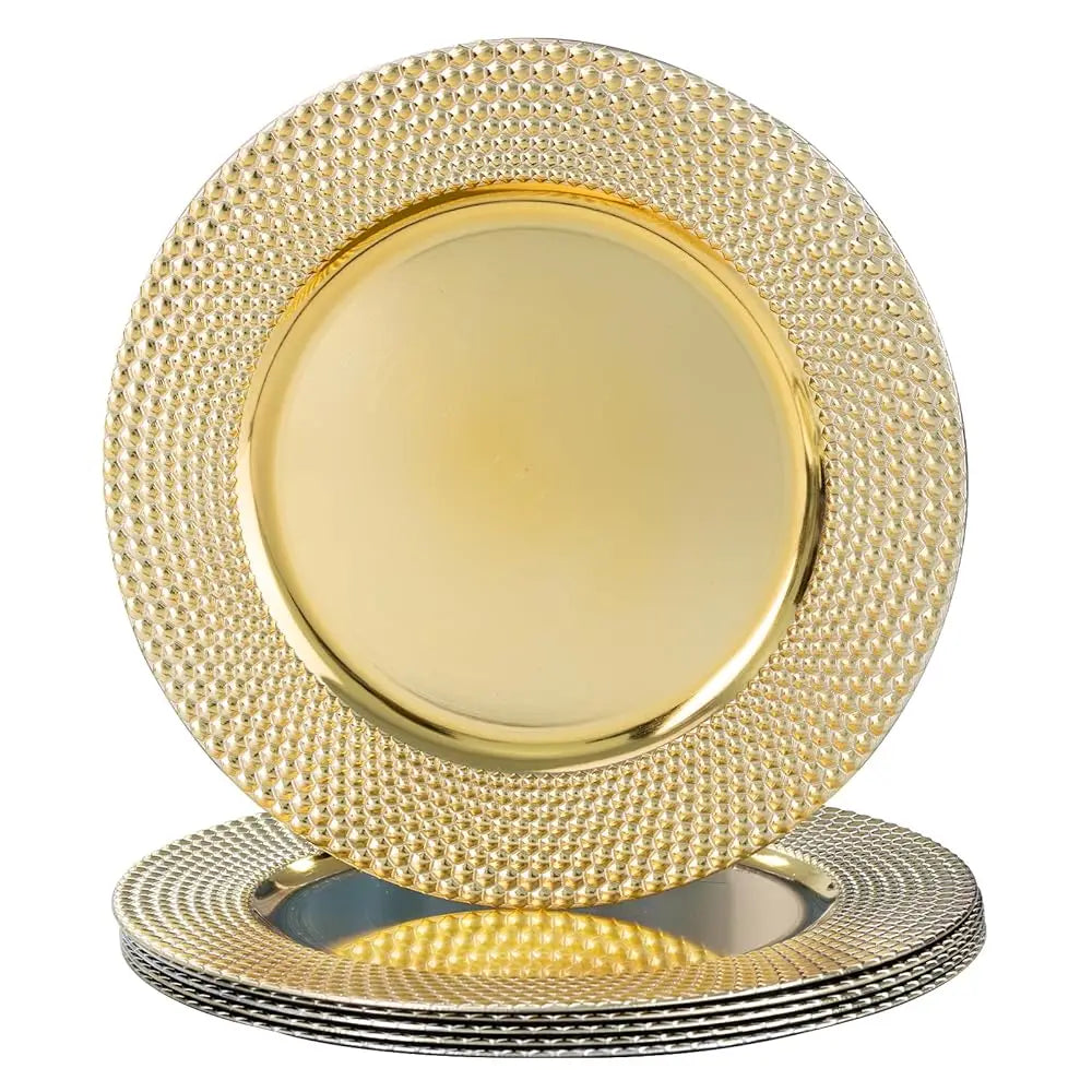 13″ Gold Charger Plates – Set of 6 Electroplated Round Chargers with Hammered Edge
