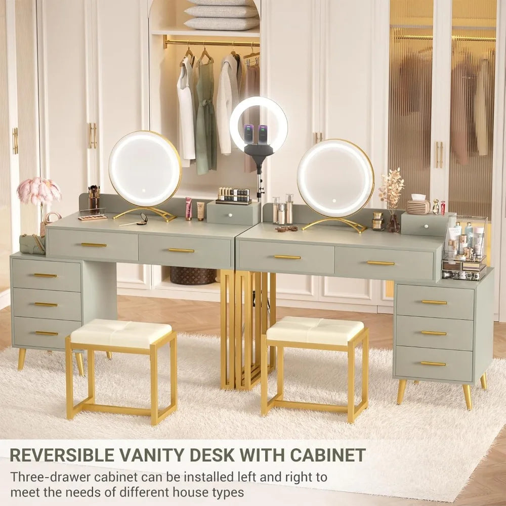 vanity desk with mirror and lights, modern makeup vanity table set with 6 storage drawers and cushioned stool for bedroom, dress