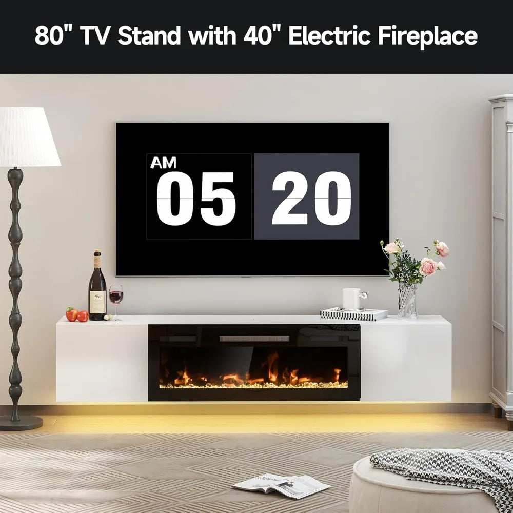 80" Floating TV Stand with 40" Electric Fireplace & LED Lights, Wall Mounted High Gloss Finish Entertainment Center with Storage