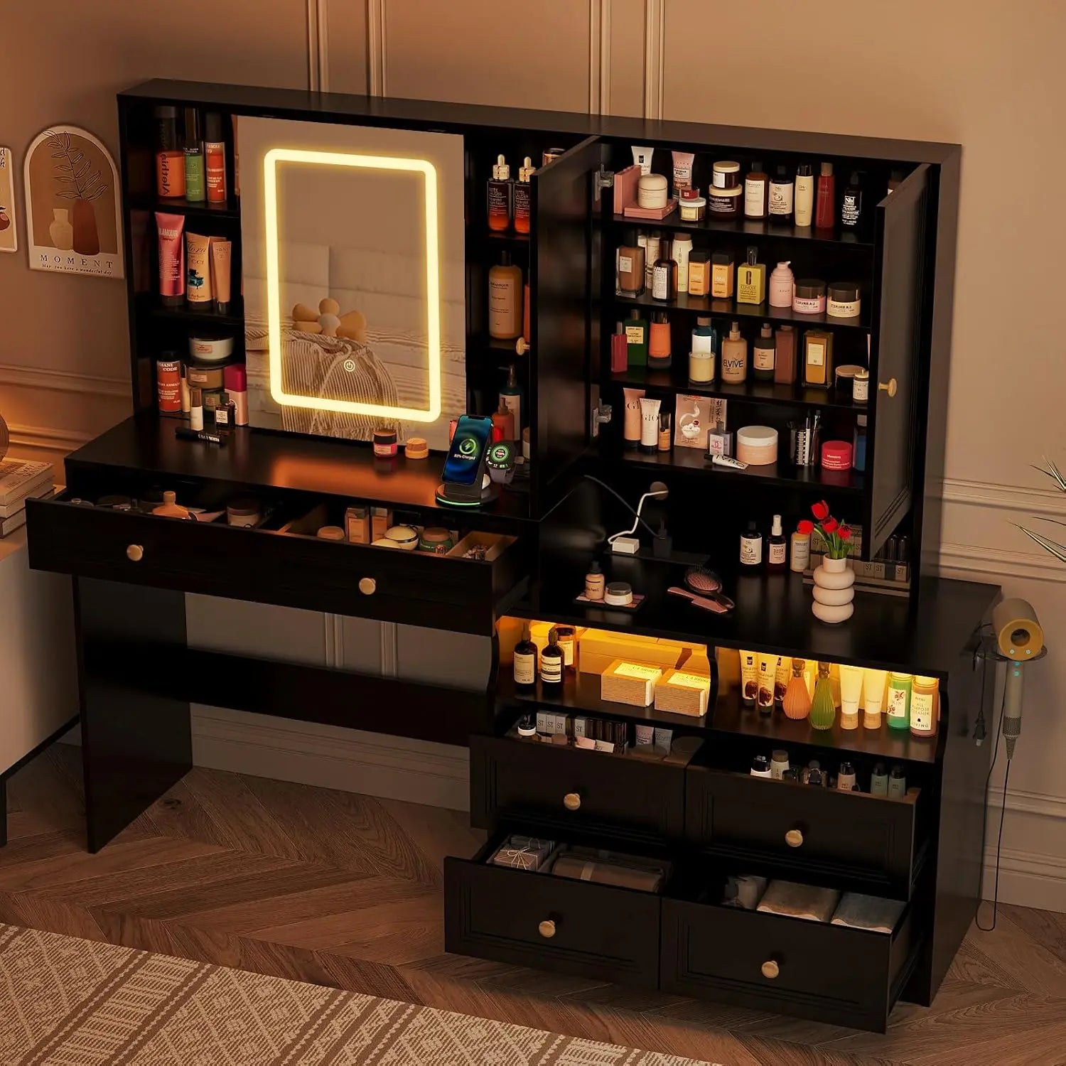 Large Black Vanity Desk with Sliding Mirror & Lights, Big 58.6" Makeup Vanity Table & Nightstand Combo with Power Outlet and 6 D