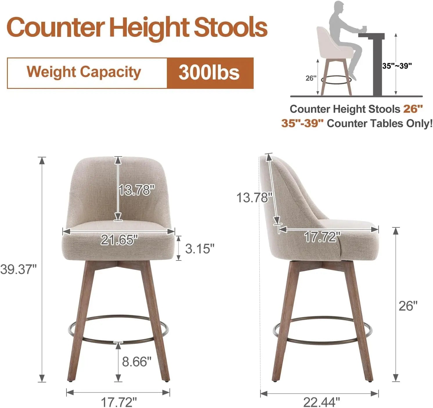 Mid-Century Swivel Counter-Height Bar Stools with Back – Linen Upholstered, Wood Legs (Set of 2)