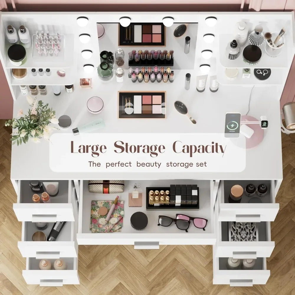 Vanity Desk with Mirror, Power Outlet and 10 Lights, Makeup Table with 7 Drawers, 3 Color Modes Available for Bedroom, Light Wh