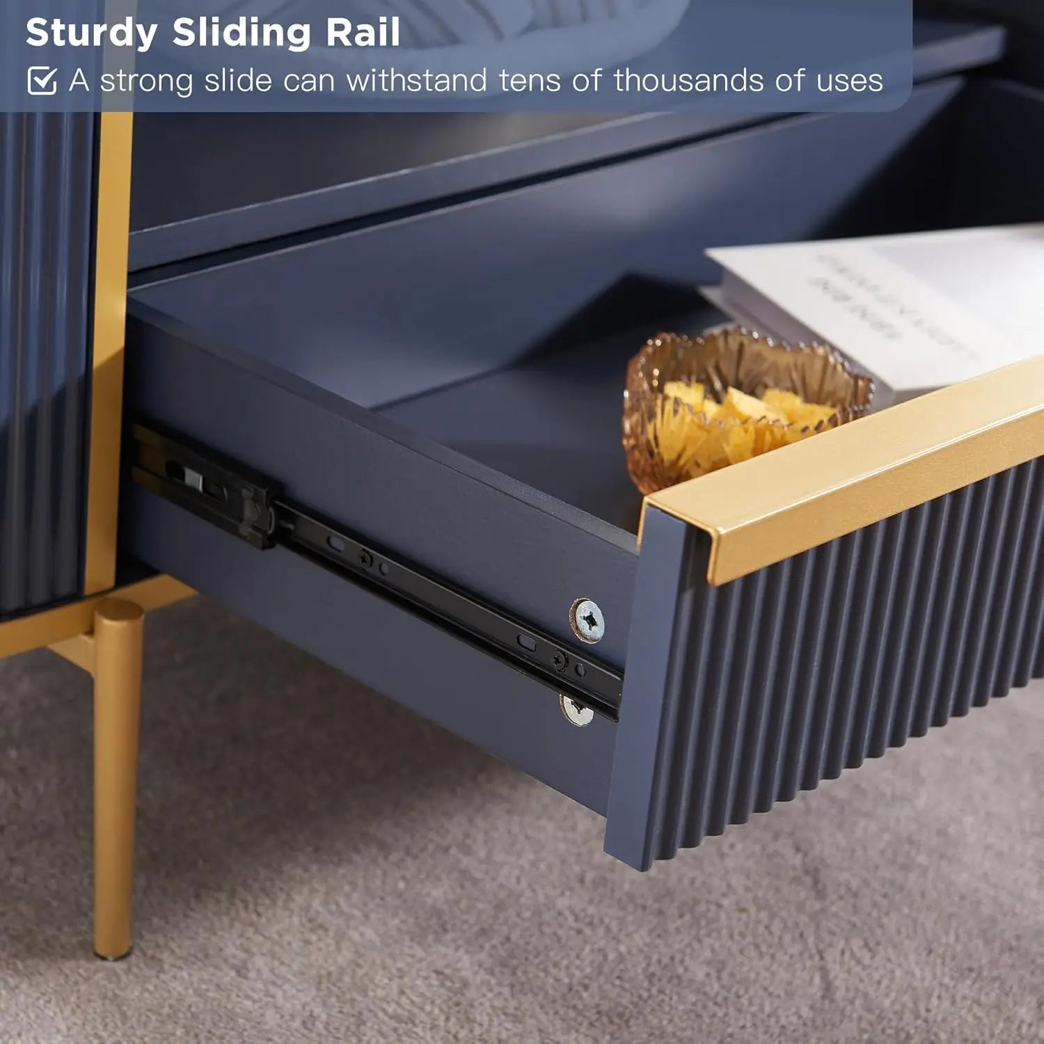 Modern Fluted Oval Coffee Table – 48” Faux Marble Top with Drawer & Gold Accents (Navy Blue)