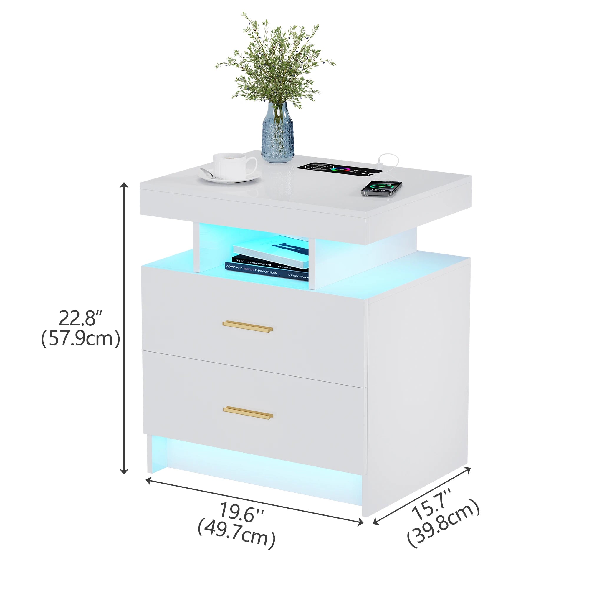 JDPAG LED Nightstand, RGB Black Night Stand with USB/Wireless Charging Station, Modern Bedside Table has Auto Sensor RGB Lights