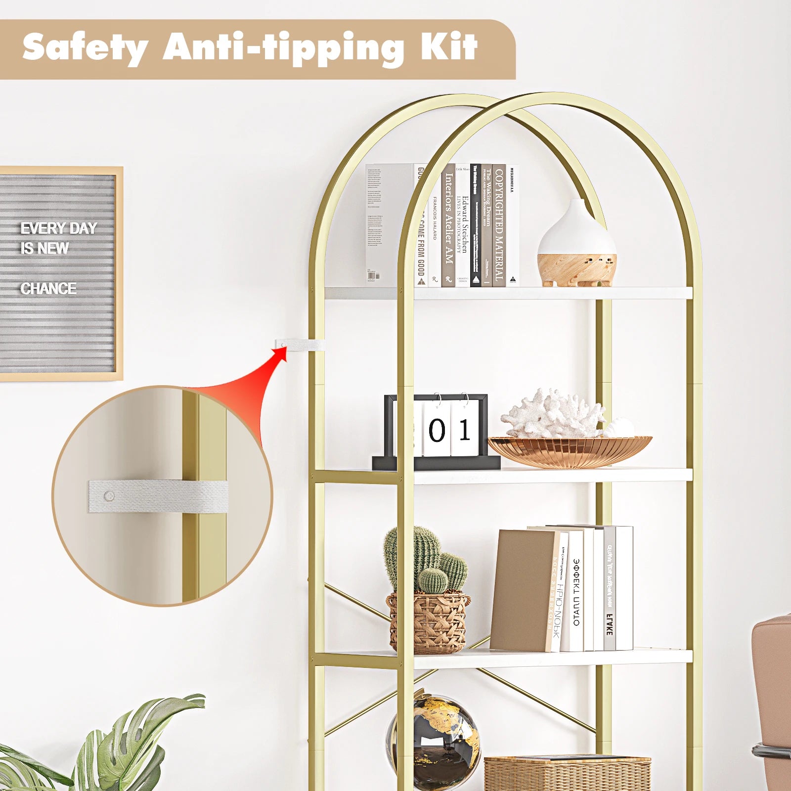 5-Tier Arched Bookshelf – Tall Standing Display Shelf with Metal Frame