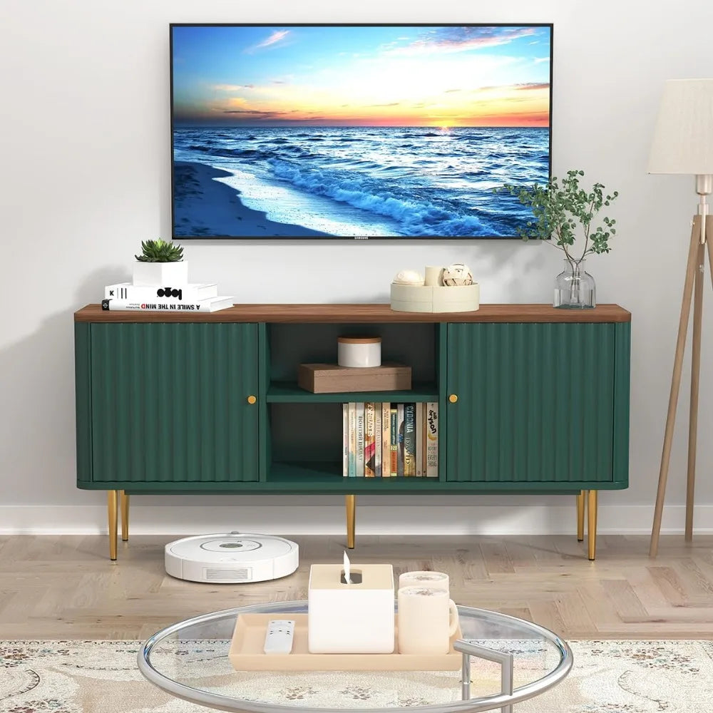55” Fluted TV Stand, Mid Century Modern Green TV Stand for 55/60/65 inch TV, Entertainment Center with Storage,