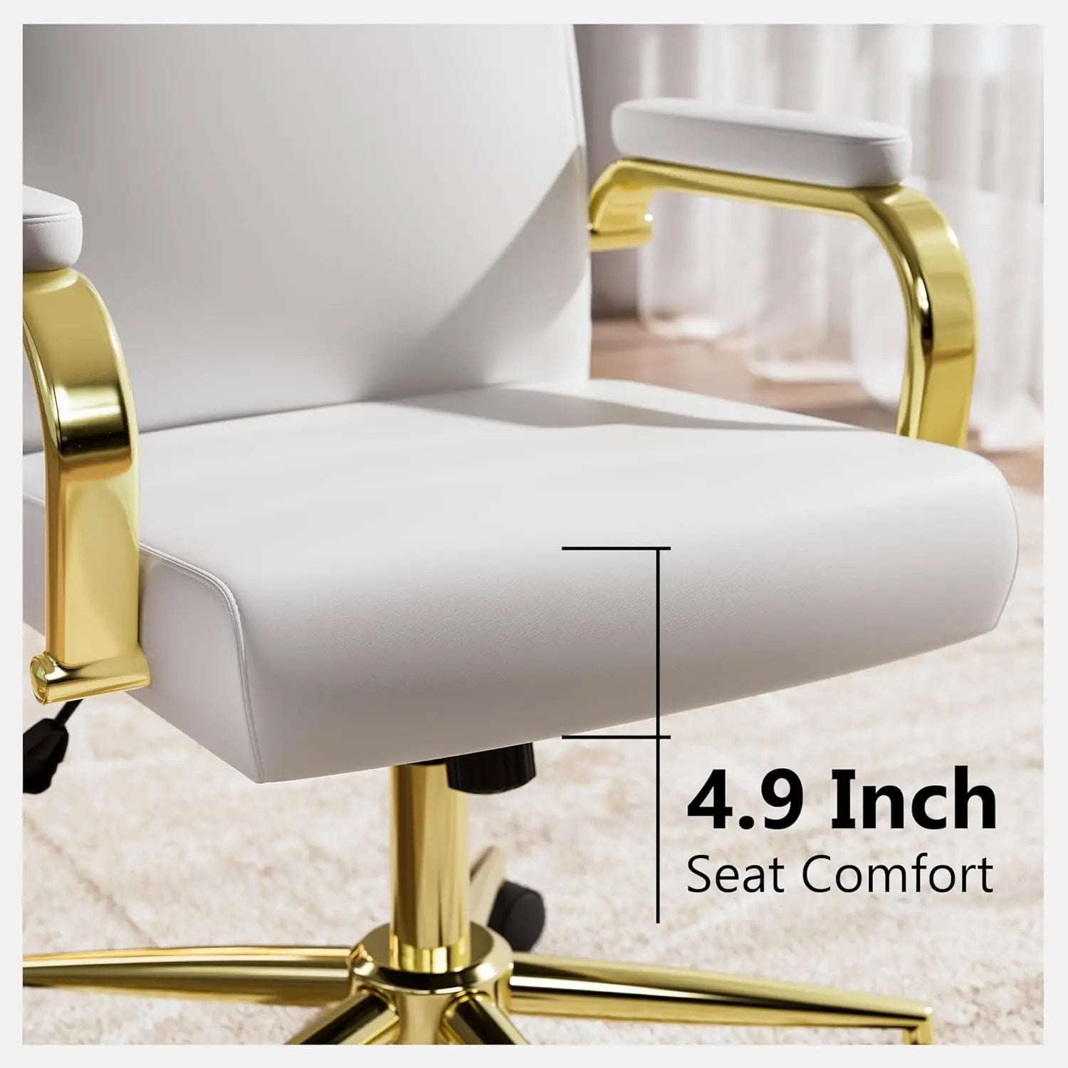White and Gold Office Chair Memory Foam, White Leather Computer Desk Chairs with Wheels and Arms, High Back Executive Office Cha
