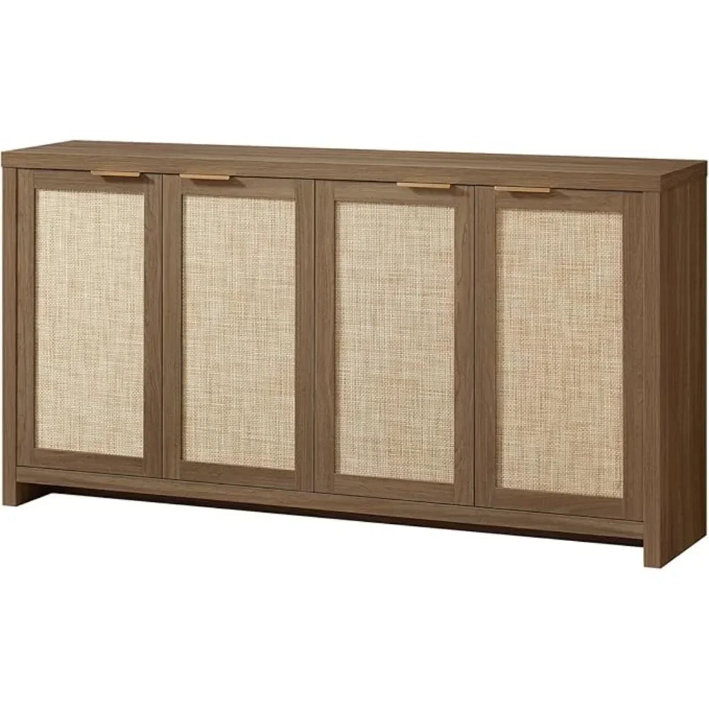 Rattan 4-Door Storage Sideboard Cabinet with Adjustable Shelves, Boho Accent Buffet Cupboard Console for Kitchen