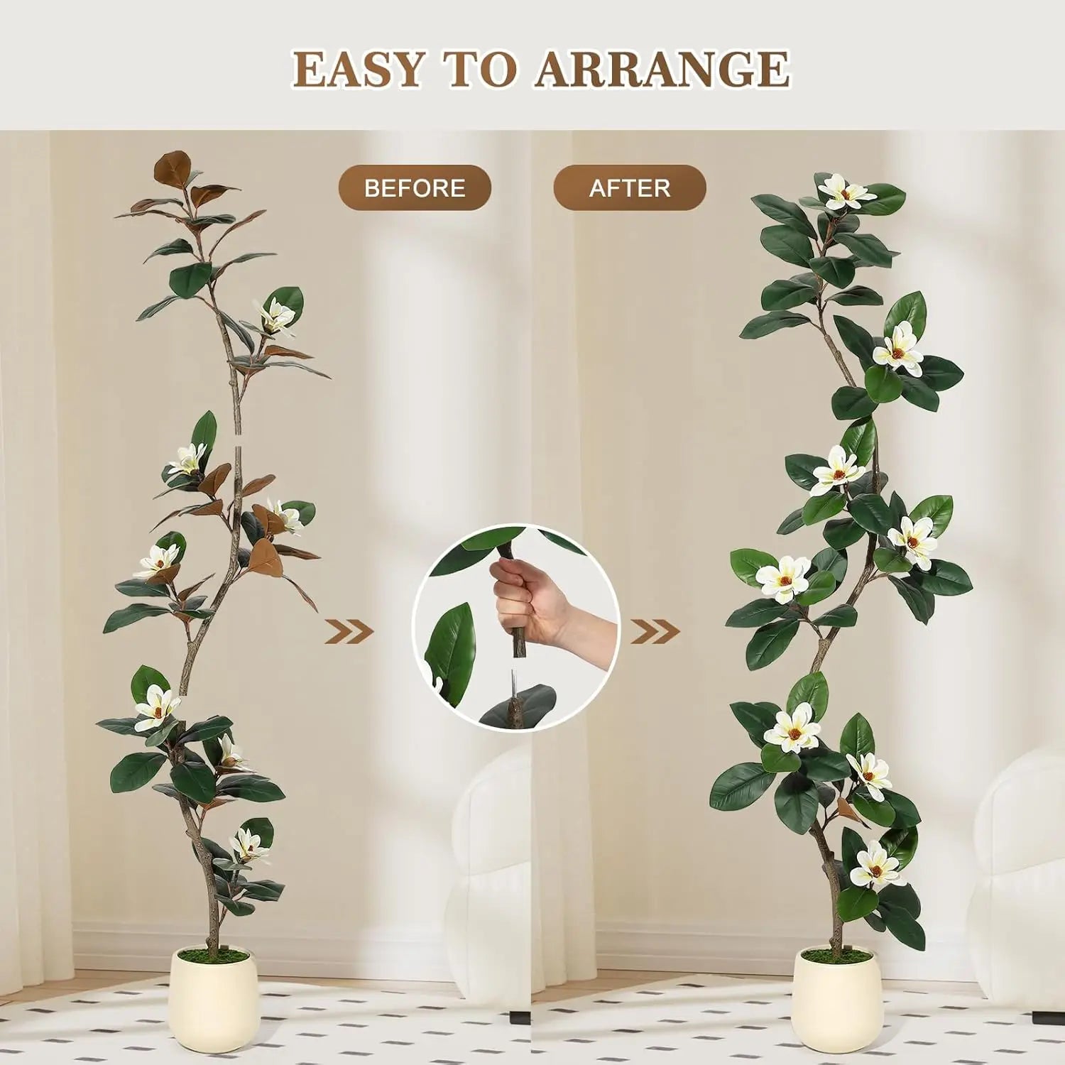 Artificial Rubber Tree with Magnolia Flowers 150/180/210cm Faux Plants with White Planter Pot Fake Tree for Home Office Decor