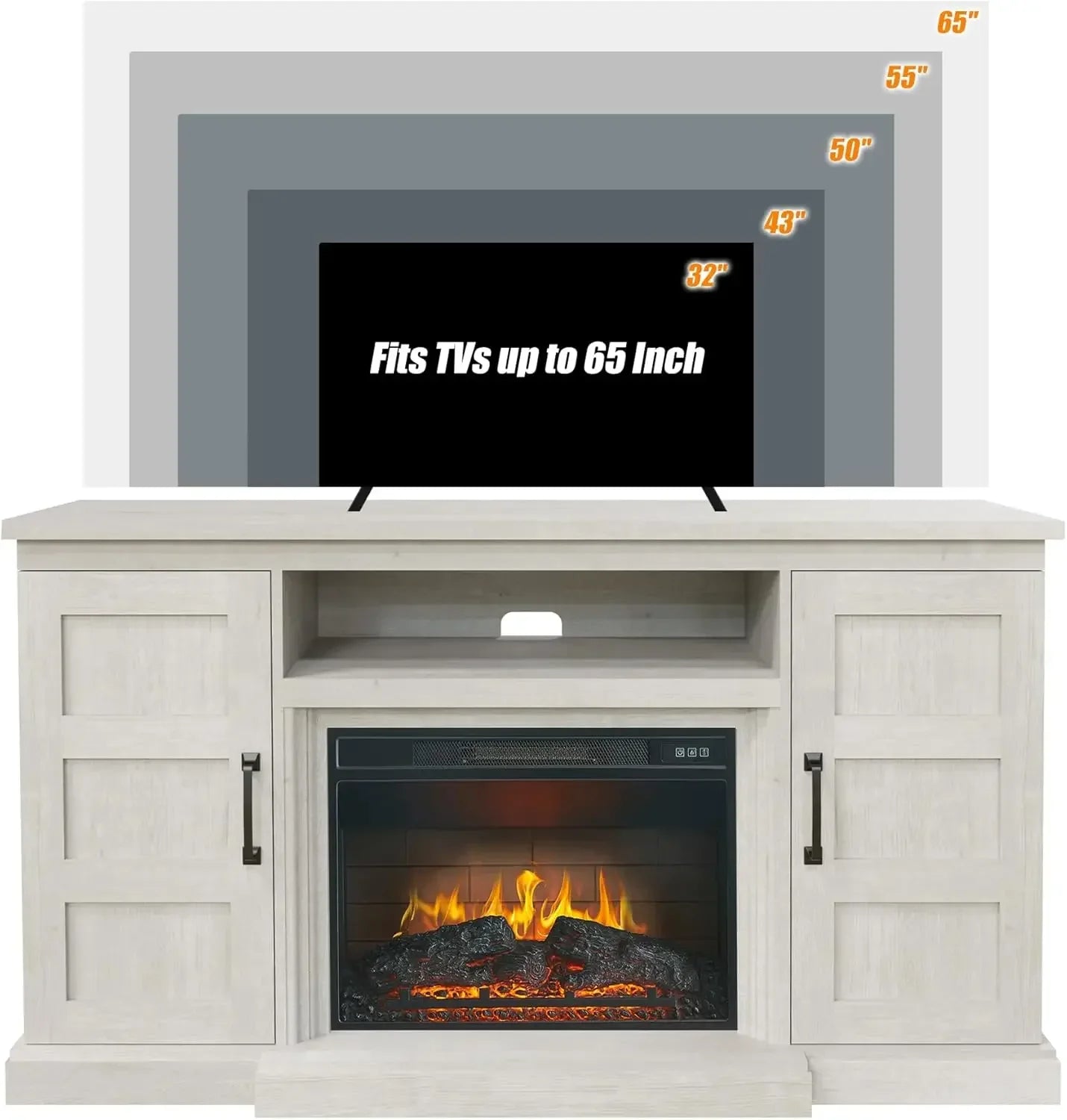 59 Inch TV Stand with 3D Fireplace, Modern Media Entertainment Center, Tv Console Table  Storage Cabinets, Highboy, White