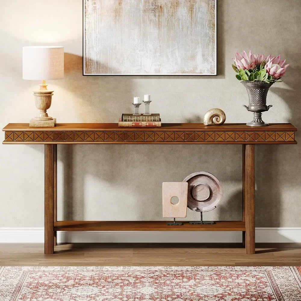 Extra Long Solid Wood Console Table 2-Tier Sofa Table Narrow Entryway Accent Table with Storage for behind Couch Living Room