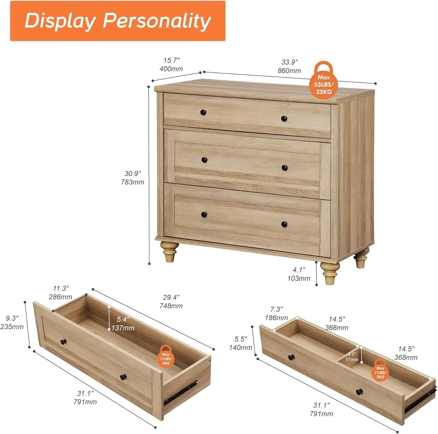 Farmhouse Nightstand with 3 Drawers, Large Wood Bedside Table Night Stand, Wide Sofa Side End Table 3 Drawers Chest of Dresser