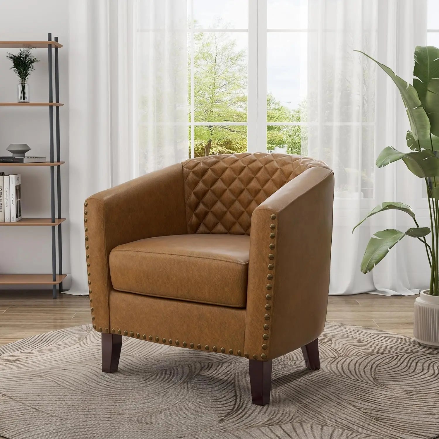 Pia Ricco Faux Leather Barrel Accent Chair – Modern Club Armchair with Wood Legs