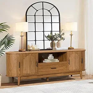 Mid-Century Modern 63 TV Stand for 70 TVs, Entertainment Center with Drawers and Fluted Doors, Curved Media Console