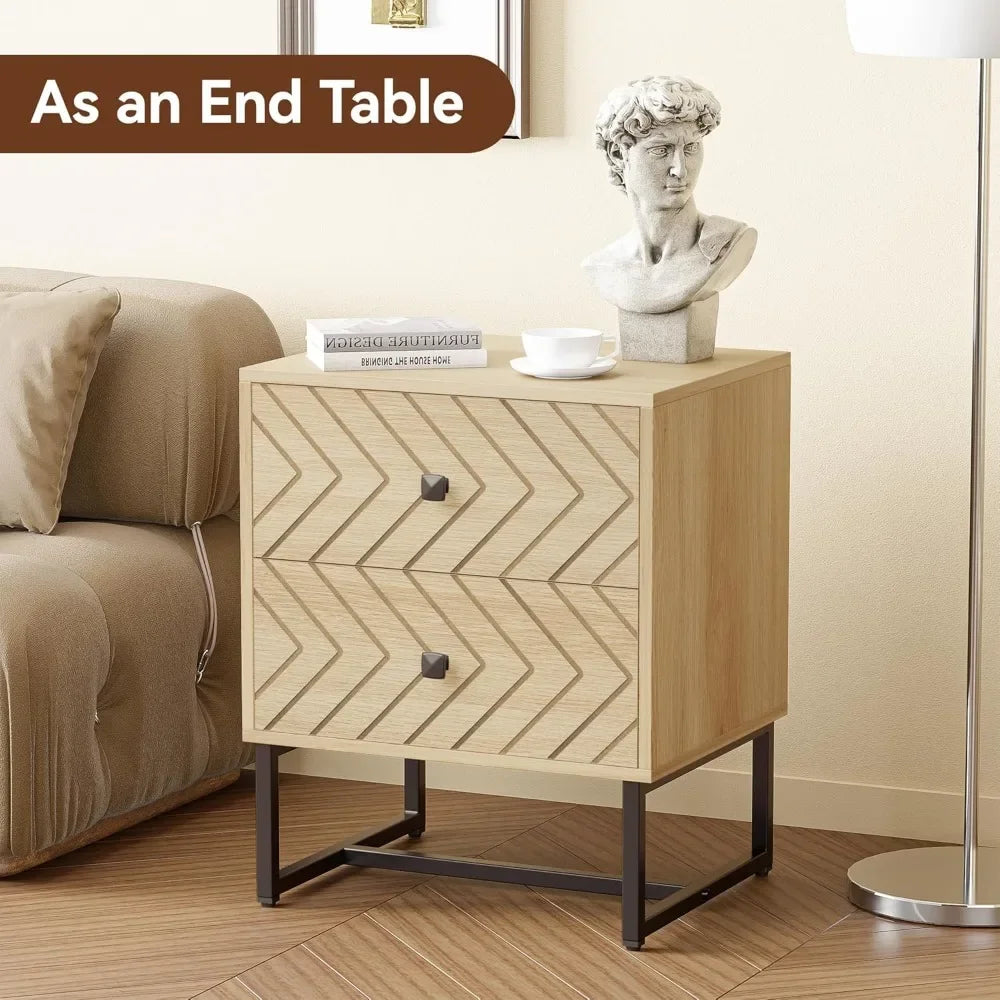 Modern Nightstand with 2 Drawers, Wood Night Stand with Metal Legs, Boho Bedside Table, Accent End Table for Bedroom