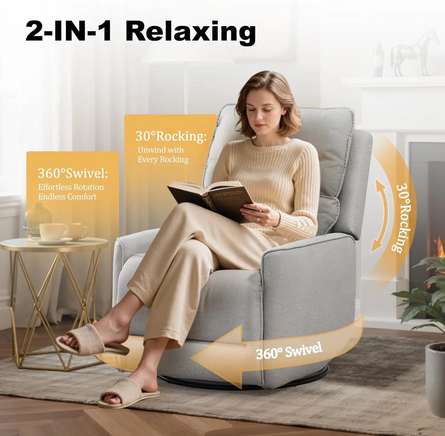 360° Swivel Recliner Chair for Adults, Upholstered Rocker with Side Pockets, Compact Glider for Living Room or Nursery
