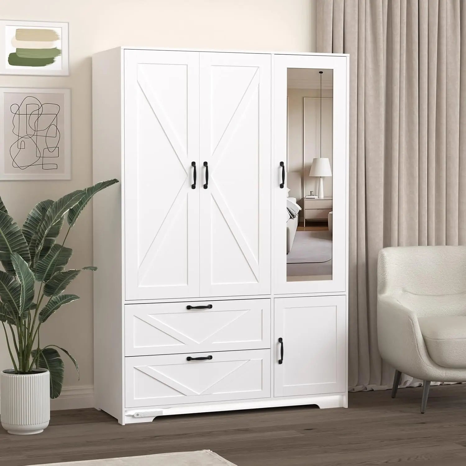 Armoire Wardrobe Closet with Mirror Door & LED Light,3 Doors Bedroom Armoire with Drawers& Adjustable Shelves&Hanging Rods