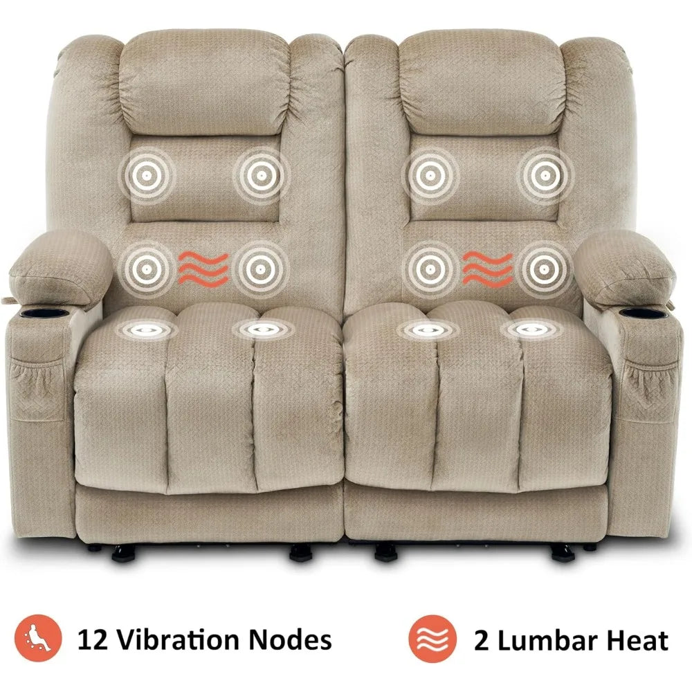 55.9" Power Loveseat Recliner with Heat and Vibration, Fabric Electric Loveseat Recliner, USB Charge Port, Cup Holders for Livi