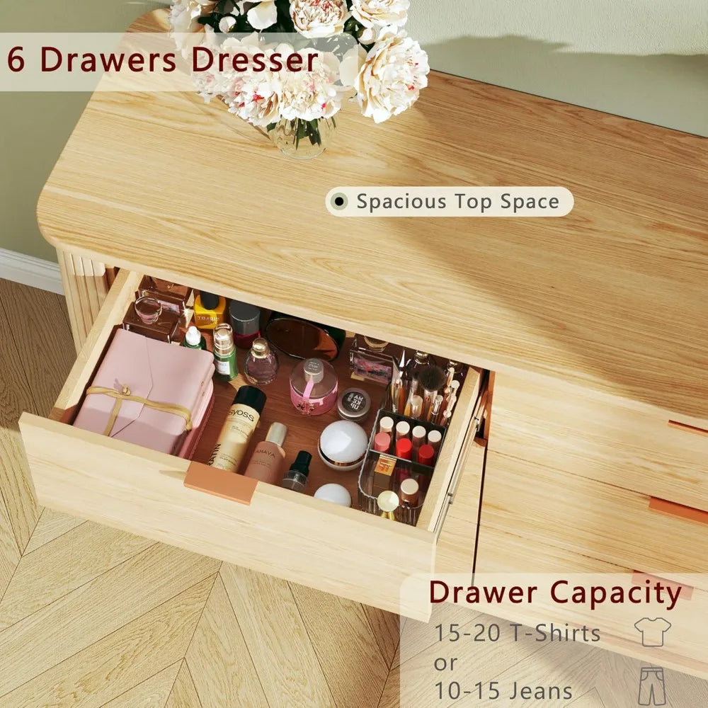 6 Drawers Dresser for Bedroom, Mid Century Modern Chests of Drawers, Curved Profile Design, Wide Wood Storage Dresser