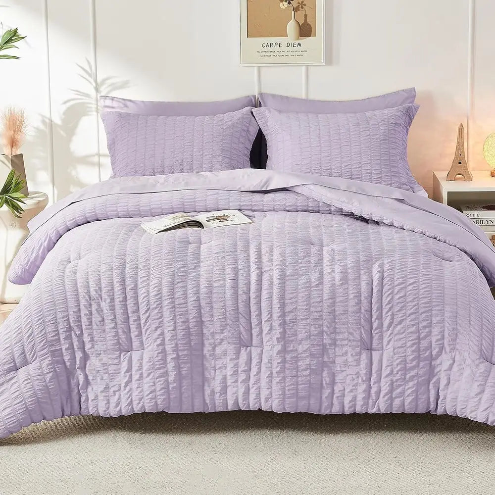 7-Piece King Lavender Seersucker Comforter Set: All-Season Luxury Bedding with Sheets, Pillowcases & Shams