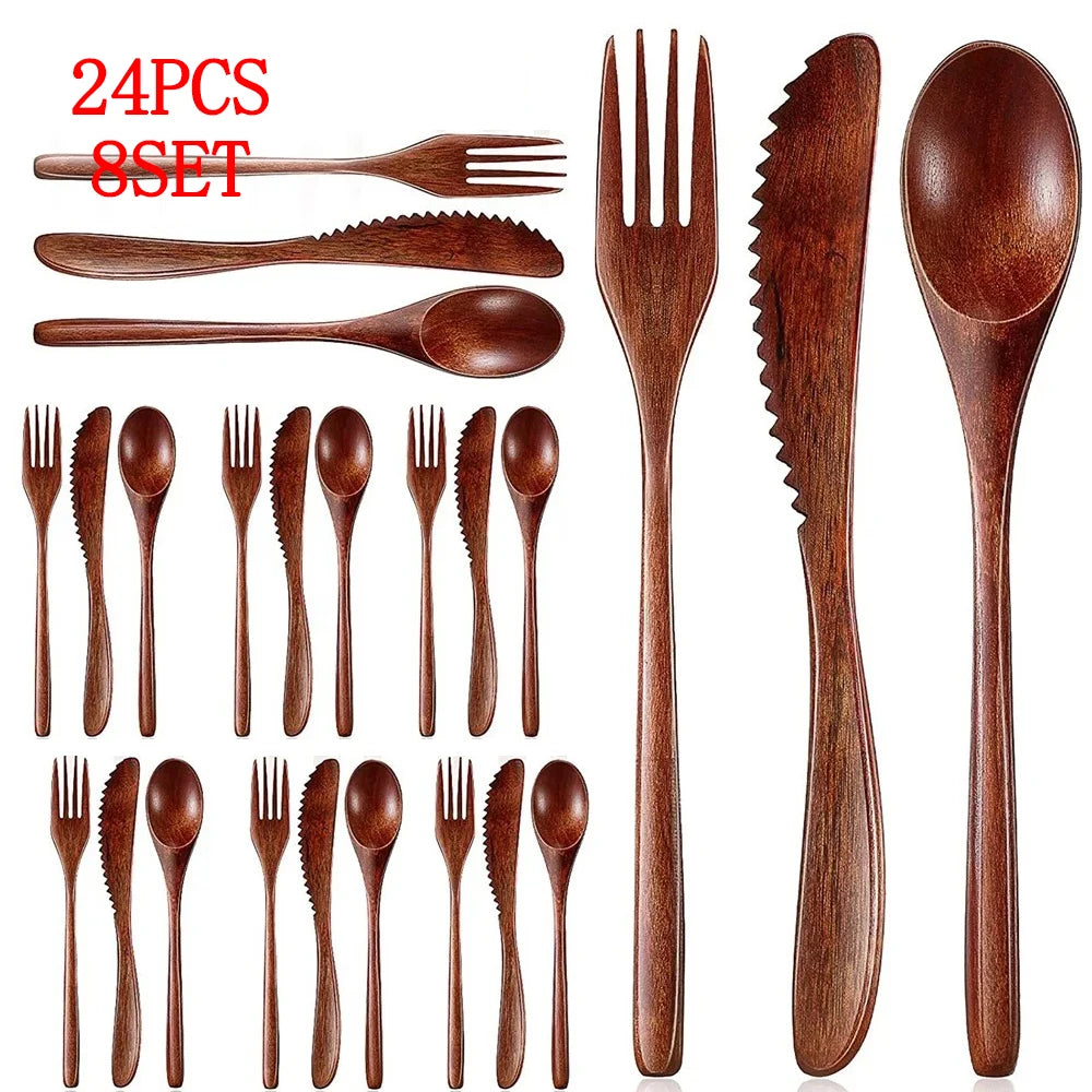 24/12 Pieces Wooden Spoon Soup Spoon and Fork Tableware Natural Ellipse Ladle Spoon Set Eco Friendly Products Spoons for Cooking