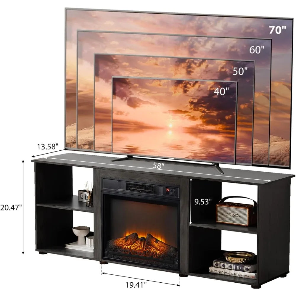 Fireplace TV Stand for up to 70 inch TVs, Modern Entertainment Center with Electric Fireplace Heater & Two Open Adjustabl