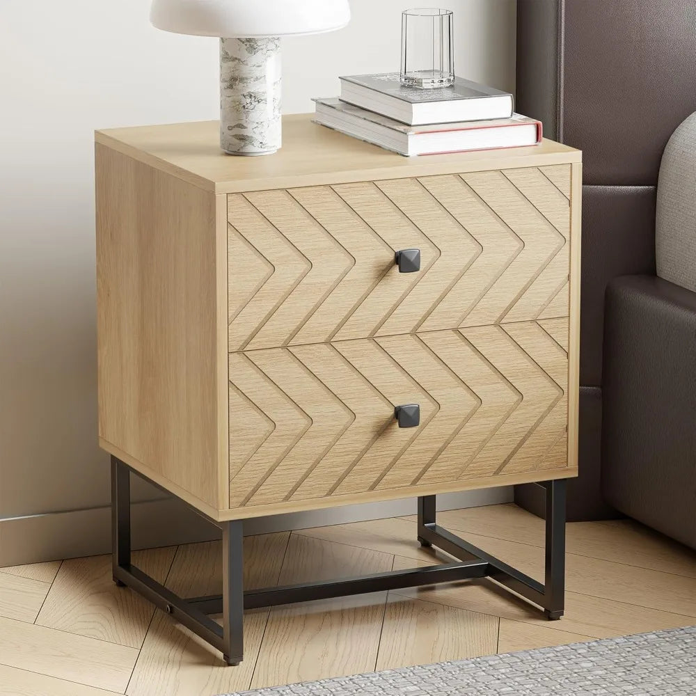 Modern Nightstand with 2 Drawers, Wood Night Stand with Metal Legs, Boho Bedside Table, Accent End Table for Bedroom