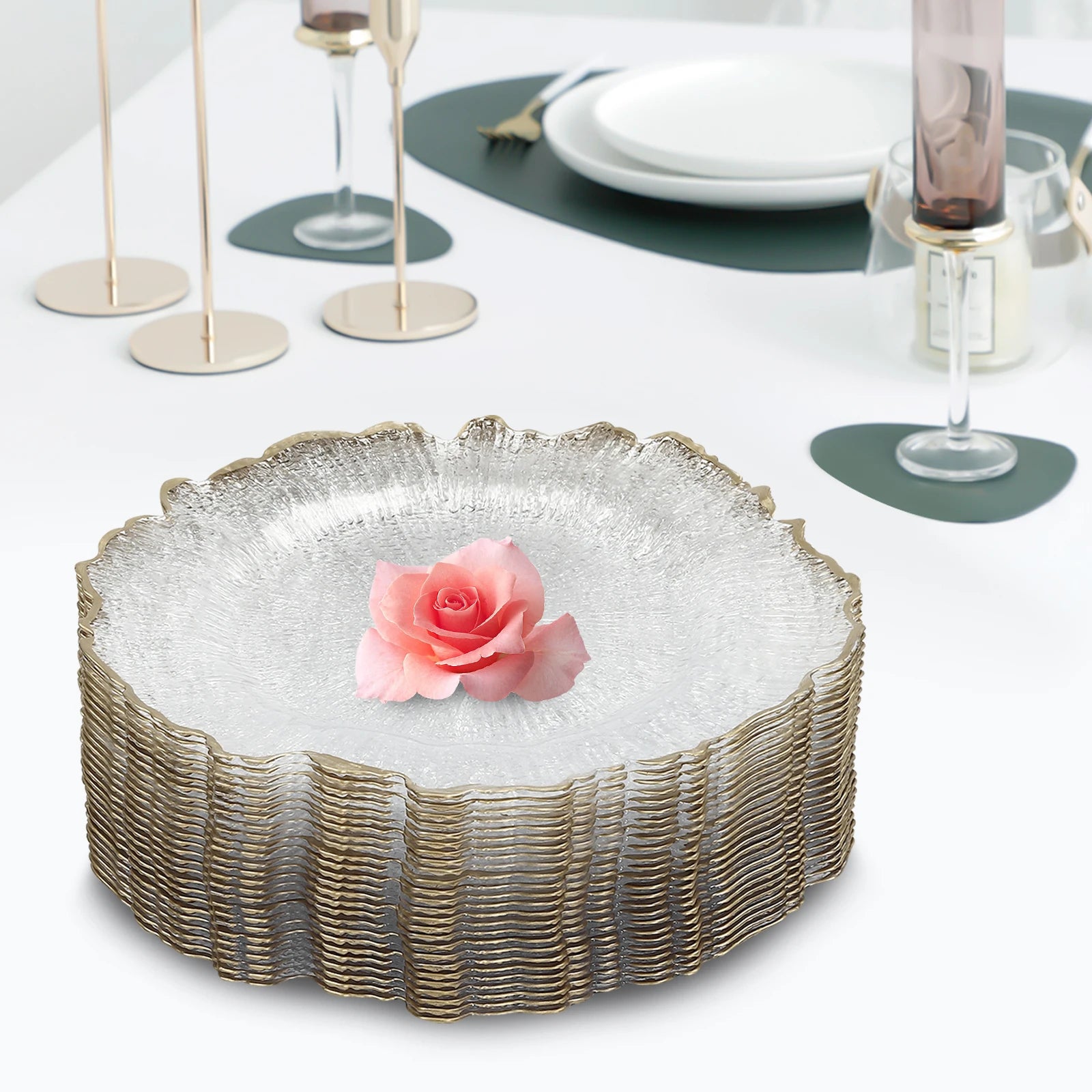 25PCS Clear Gold Flower Charger Plates – Decorative Table Dinner Plates