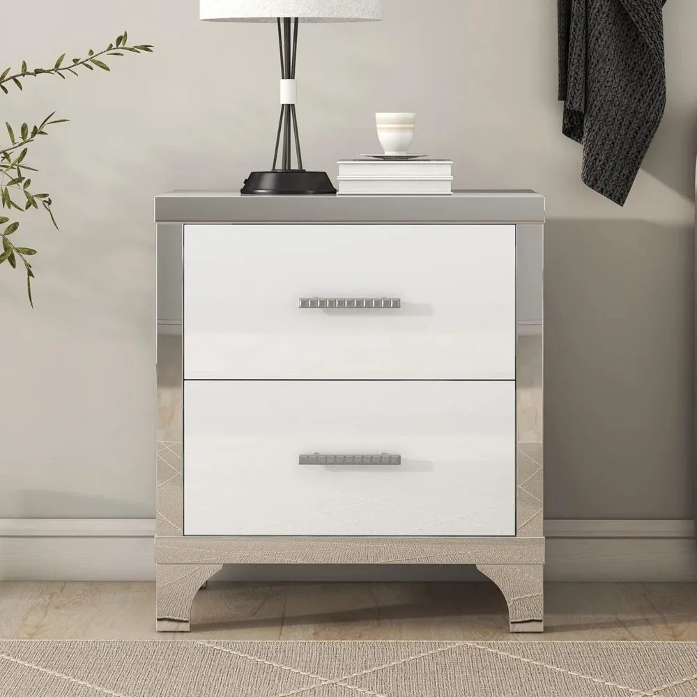 Elegant White High Gloss Nightstand with Two Drawers, Metal Handled Bedside Table for Bedroom and Living Room