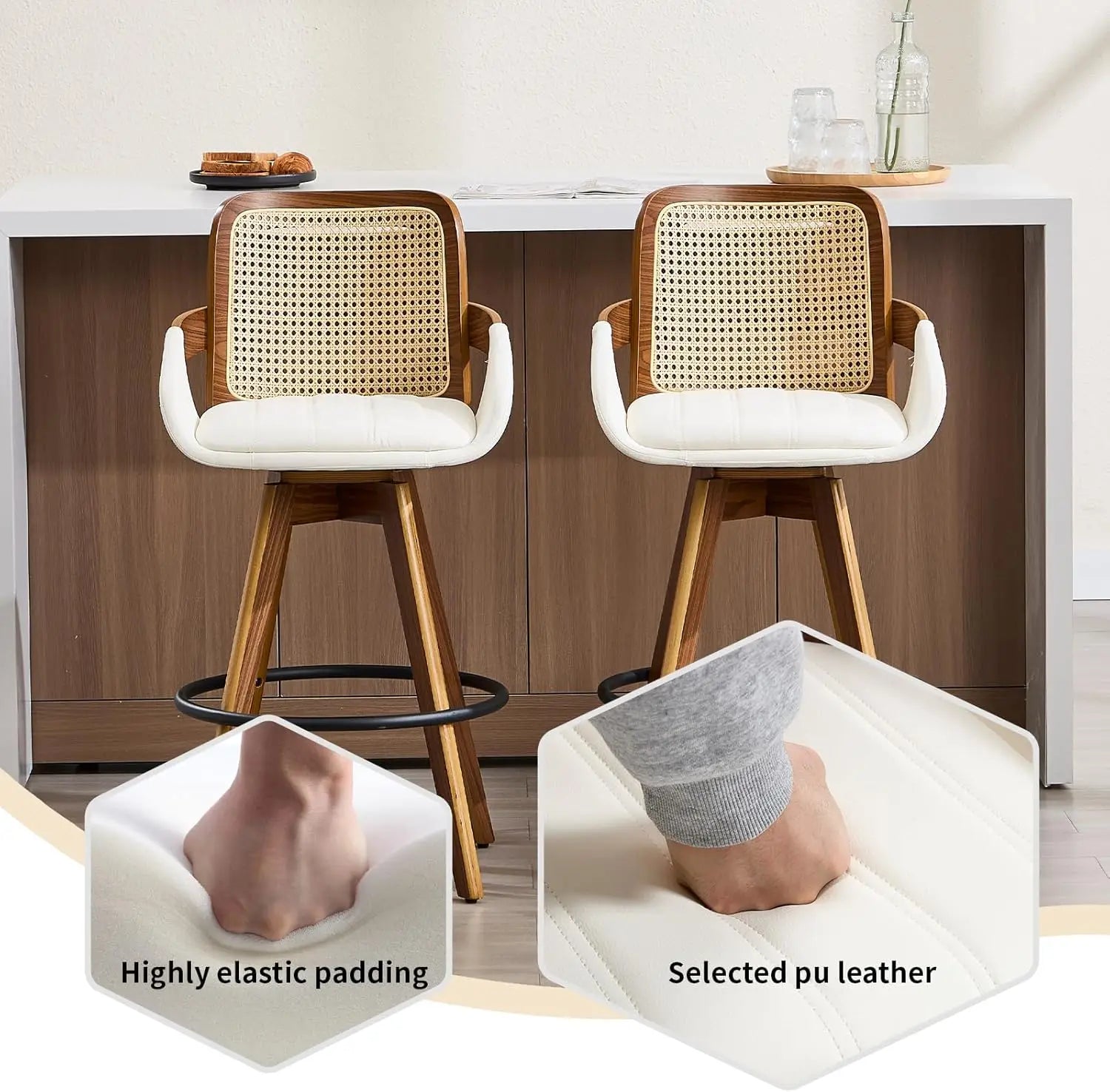 Swivel Counter-Height Bar Stools with Arms – Faux Leather & Rattan Back (Beige)