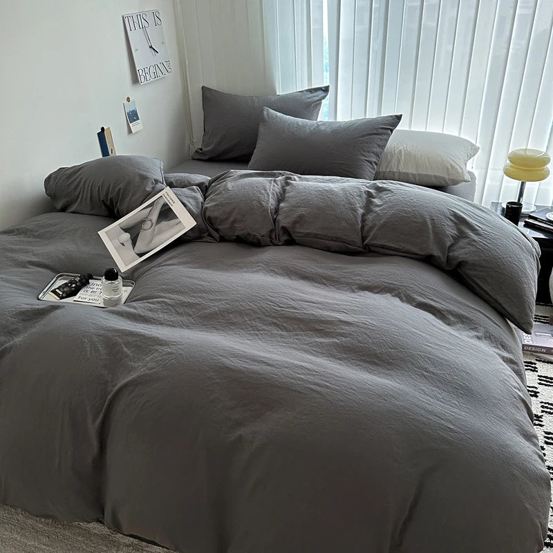 Solid Bed Linen Cotton Bedding Set with Sheet Duvet Cover Pillowcase Single Couple Bedsheet King Queen Double Twin Size