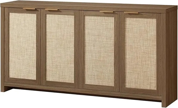 Rattan 4-Door Storage Sideboard Cabinet with Adjustable Shelves, Boho Accent Buffet Cupboard Console for Kitchen