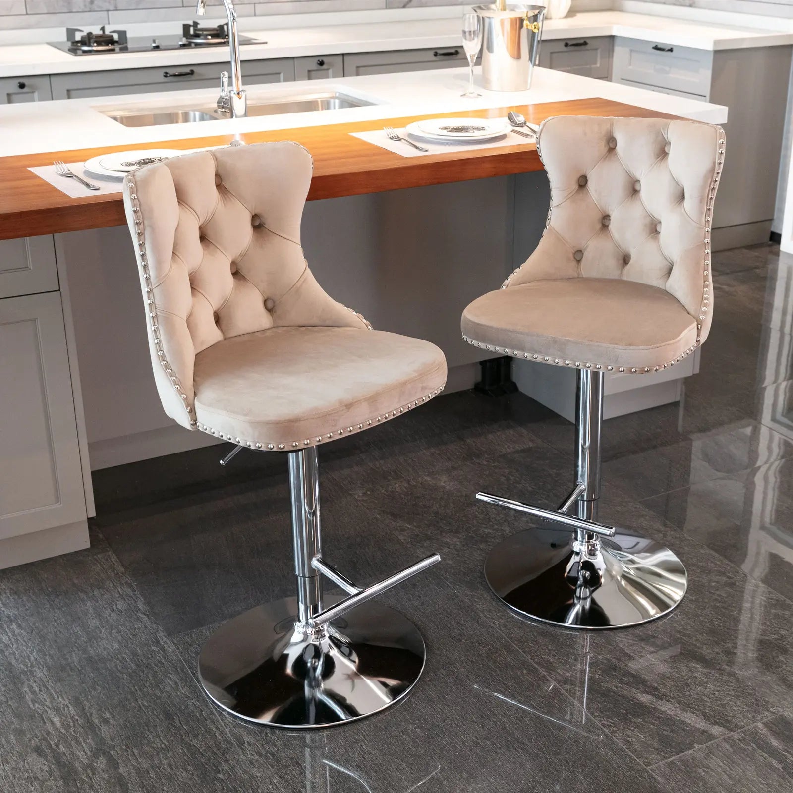 Swivel Velvet Bar Stools – Adjustable Counter-Height Chairs (Set of 2)
