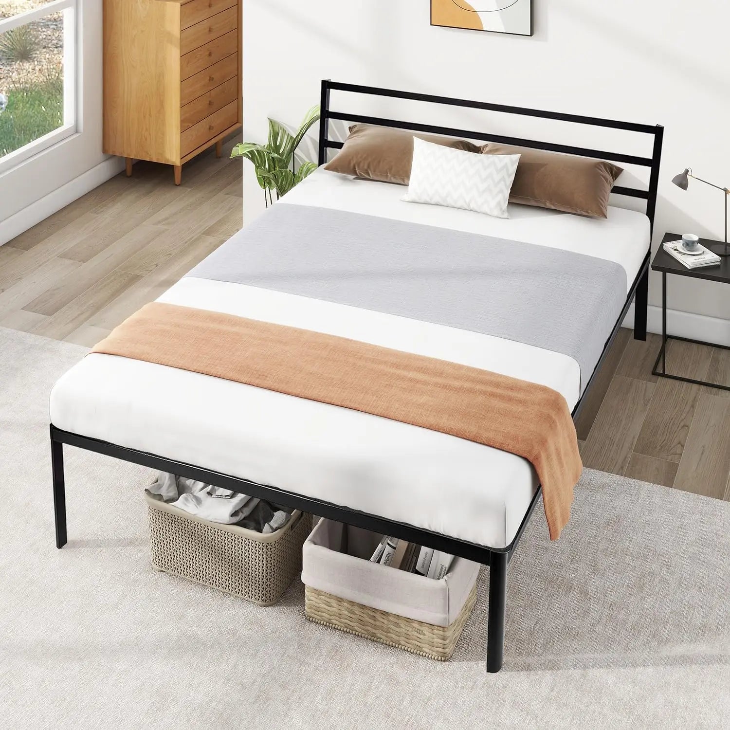 Full Size Metal Platform Bed Frame with Headboard – Noise-Free Wooden Slats & Non-Slip Foundation