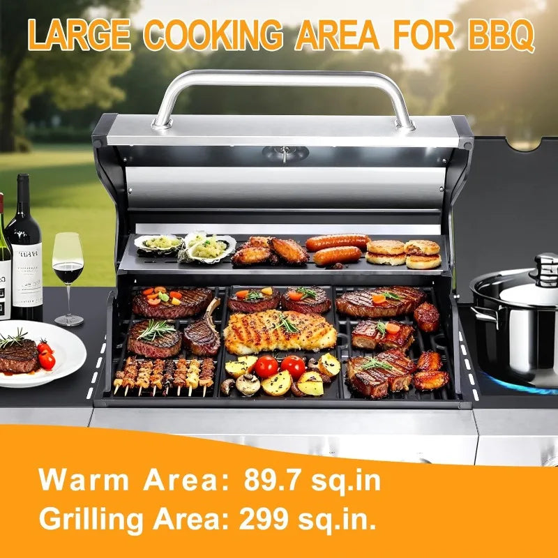 4 Burner Propane Gas BBQ Grill with Side Burner - 46890 BTU Output Stainless Steel Grill with Enameled Cast Iron Cooking
