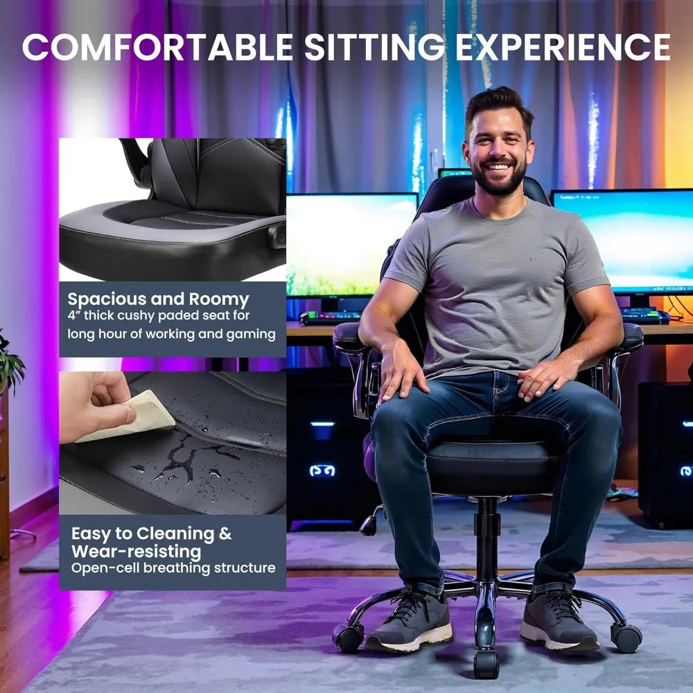 Ergonomic Gaming Desk Chair - Adjustable PU Leather Swivel Racing Chair with Flip-up Armrests for Home Office and Entertainment,