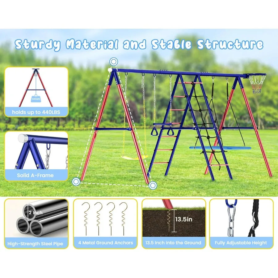 6-in-1 Heavy-Duty Metal Swing Set – Outdoor Backyard Playset for Kids