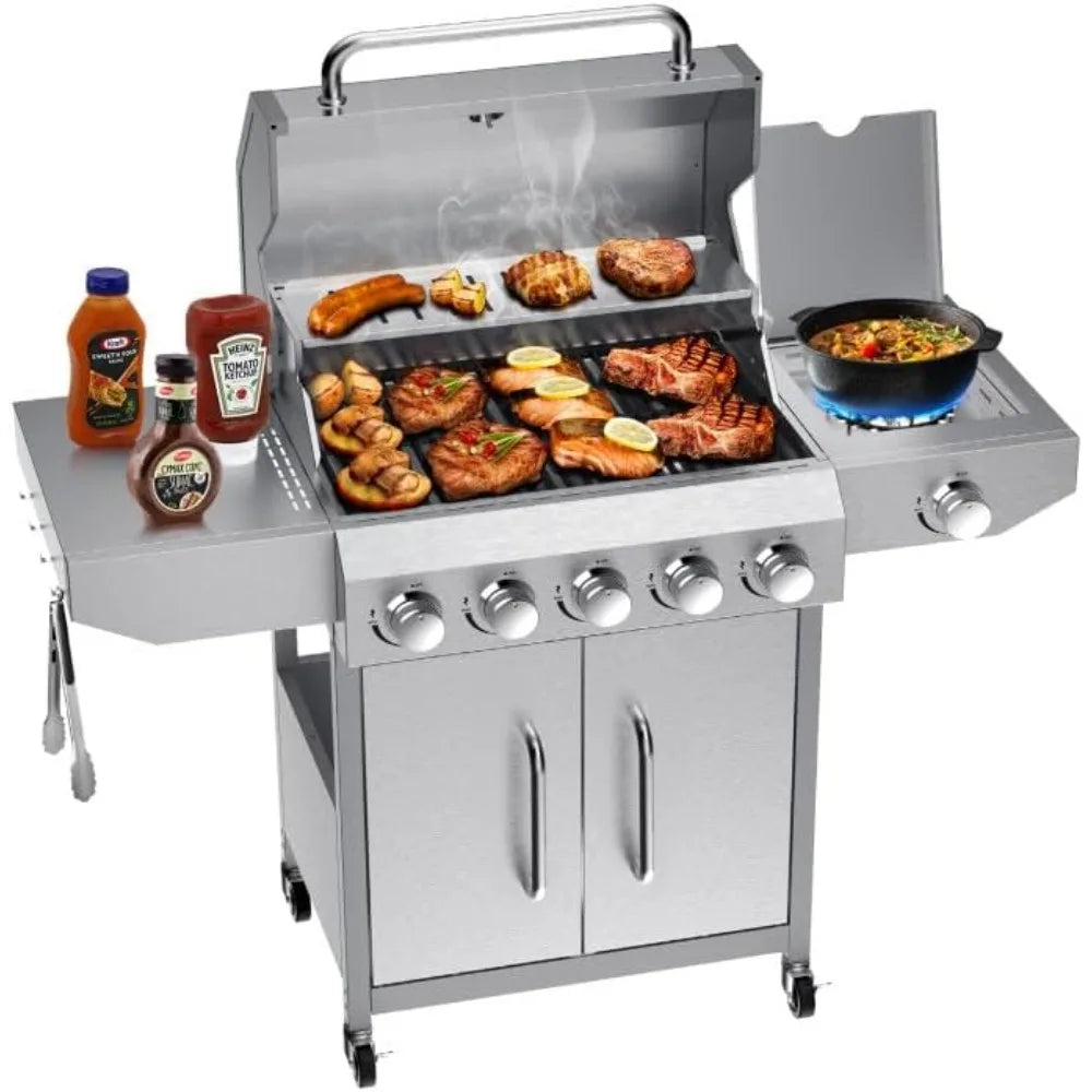 68,000 BTU 5 Burner Propane Gas Grill with Side Burner-Professional-Grade Stainless Steel Outdoor BBQ Grill-647 sq in Cooking Sp