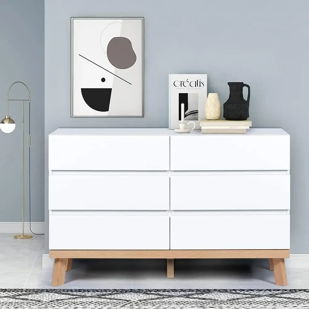 White Dresser for Bedroom 6 Drawer Double Dresser Chest of Drawers Large Storage Cabinet Wooden Dresser for Bedroom (White)