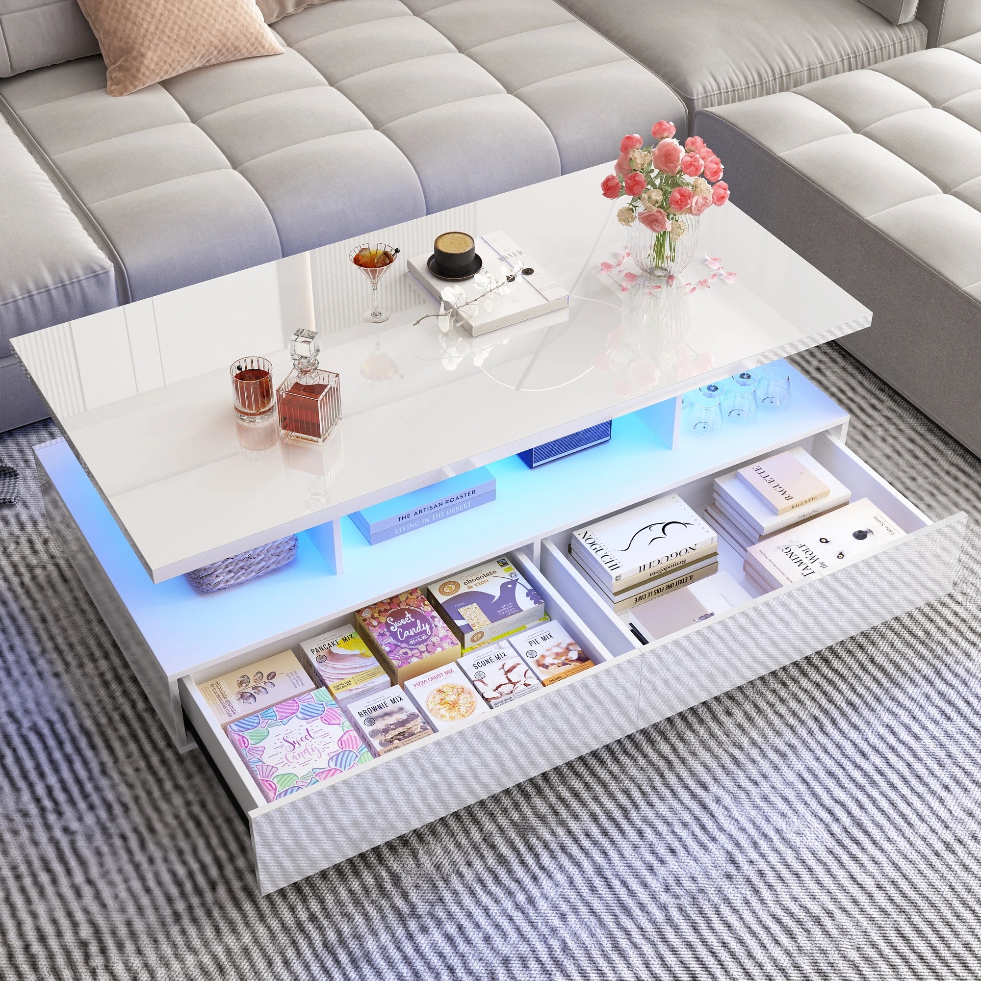 43” LED Coffee Table – Modern High-Gloss Rectangular Center Table with 2 Drawers & Display Shelf