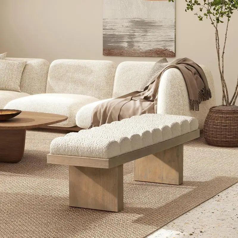 52-Inch Upholstered Modern Accent Bench in Ivory White Boucle Fabric
