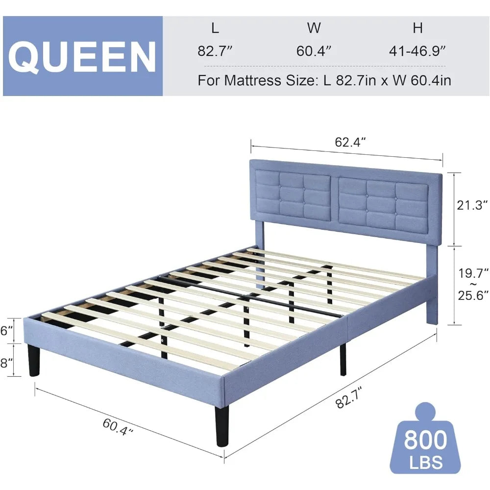 Queen Size Upholstered Platform Bed Frame with Adjustable Headboard (Light Blue)