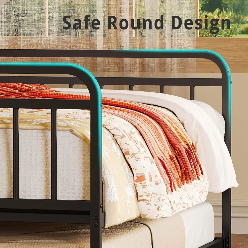 Metal Daybed with Trundle – Upholstered Headboard & Charging Station (Full / Twin XL)