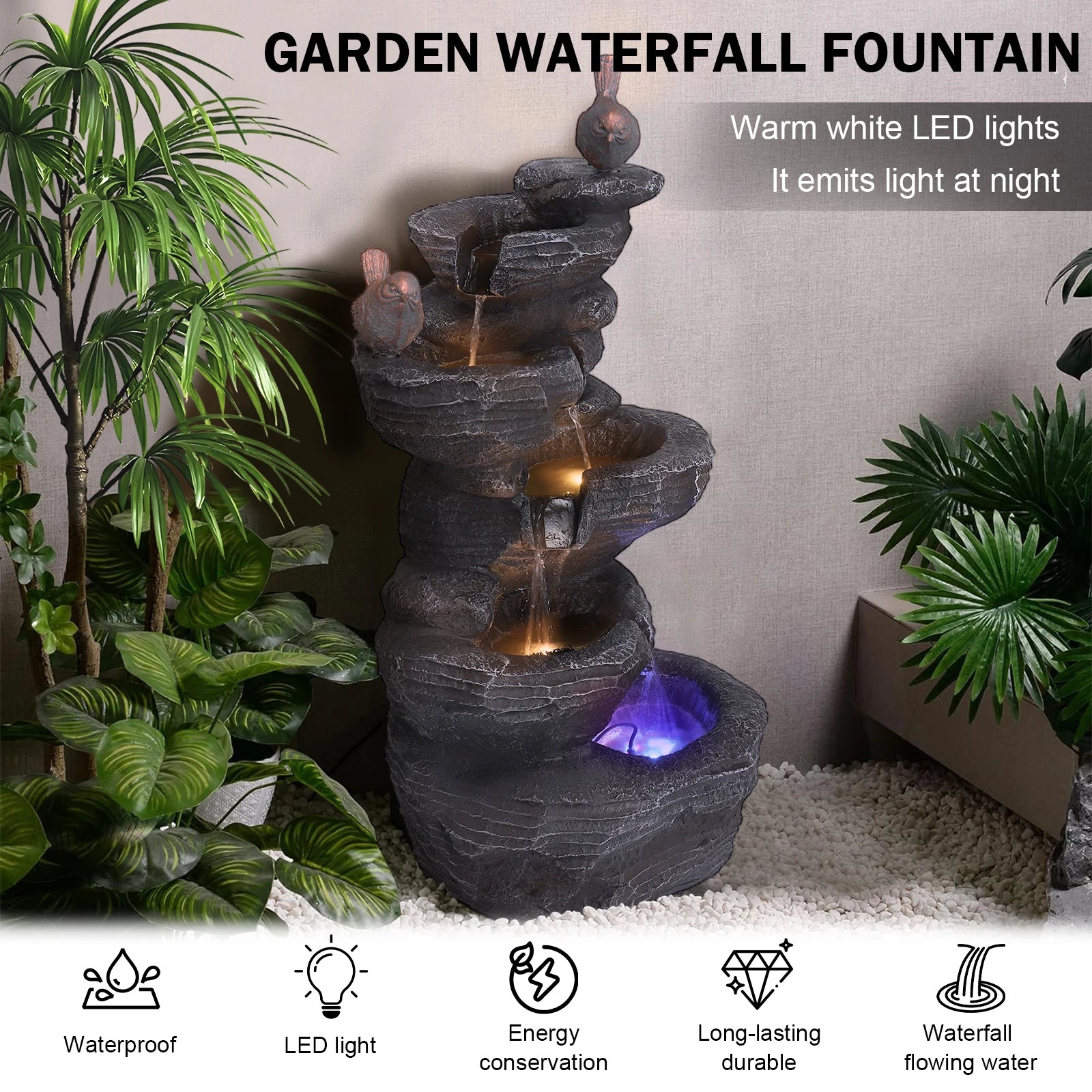 Cascading Rock Water Fountain with LED Lights Resin Stone Imitation Waterfall Tabletop Water Fountain for Home and Office Decor
