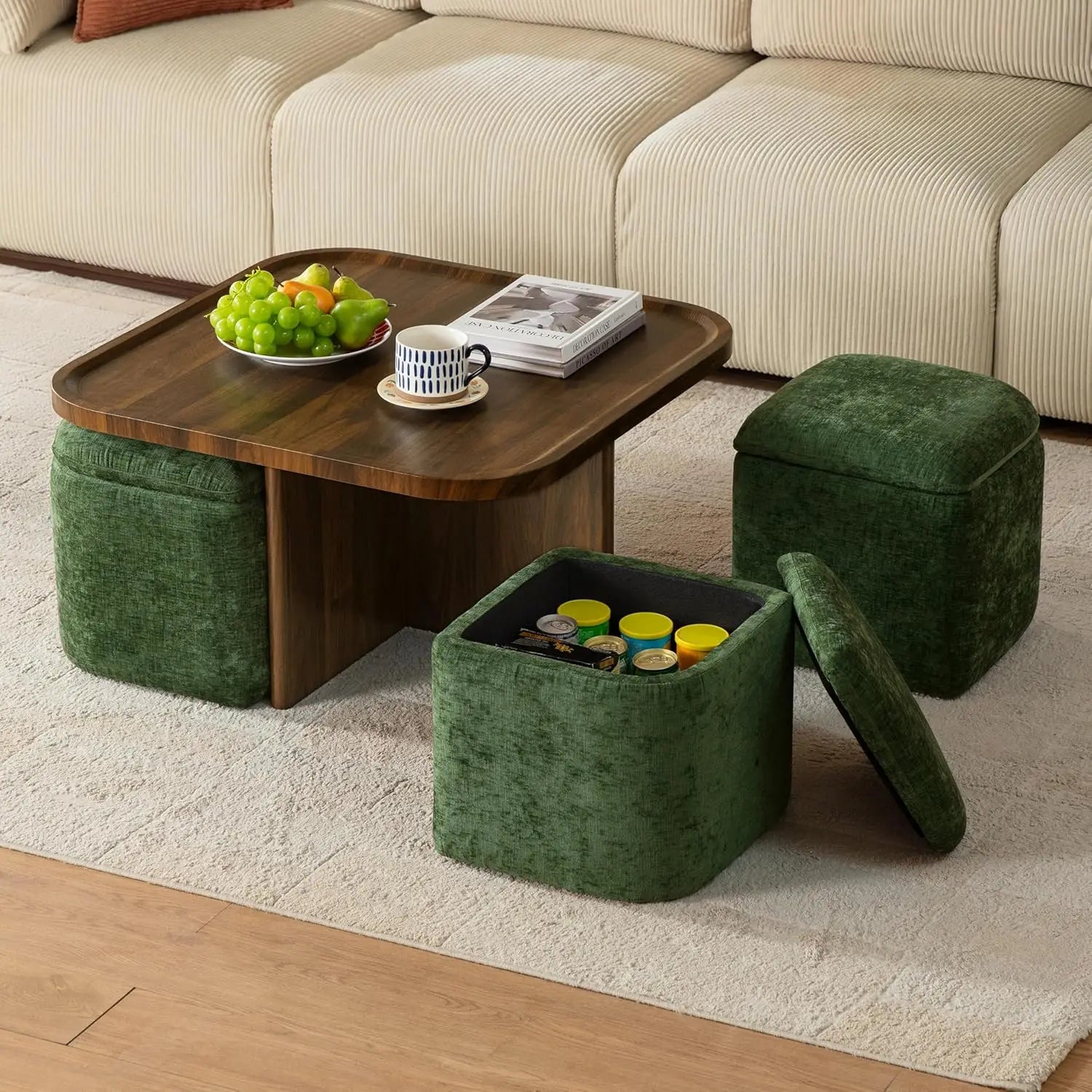 Mid-Century Modern Square Coffee Table with Storage & 4 Chenille Ottomans